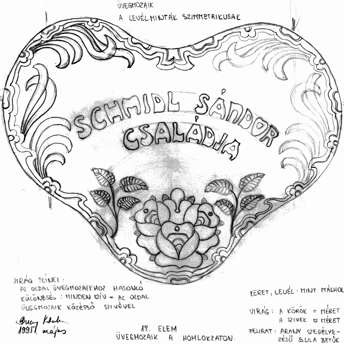 Schmidl Sándor és Schmidl Sándorné Holländer Róza síremléke, 1904. Budapest, Rákoskeresztúri zsidó temető. Helyreállításai terv, homlokzati mozaikdísz rajza, 1995. 08_Bucsy Katalin. Kőnig és Wagner Építészek Kft.