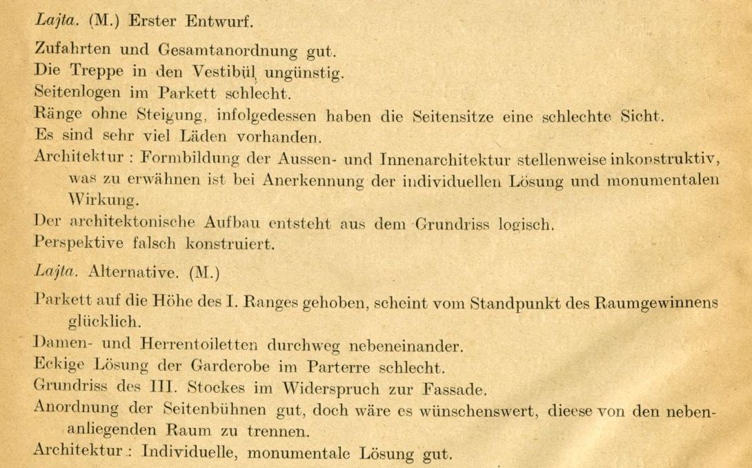 Max Littmann és Martin Dülfer zsűritagok értékelése Lajta pályaterveiről Fővárosi Szabó Ervin Könyvtár, Budapest Gyűjtemény, ltsz.: B 725/356