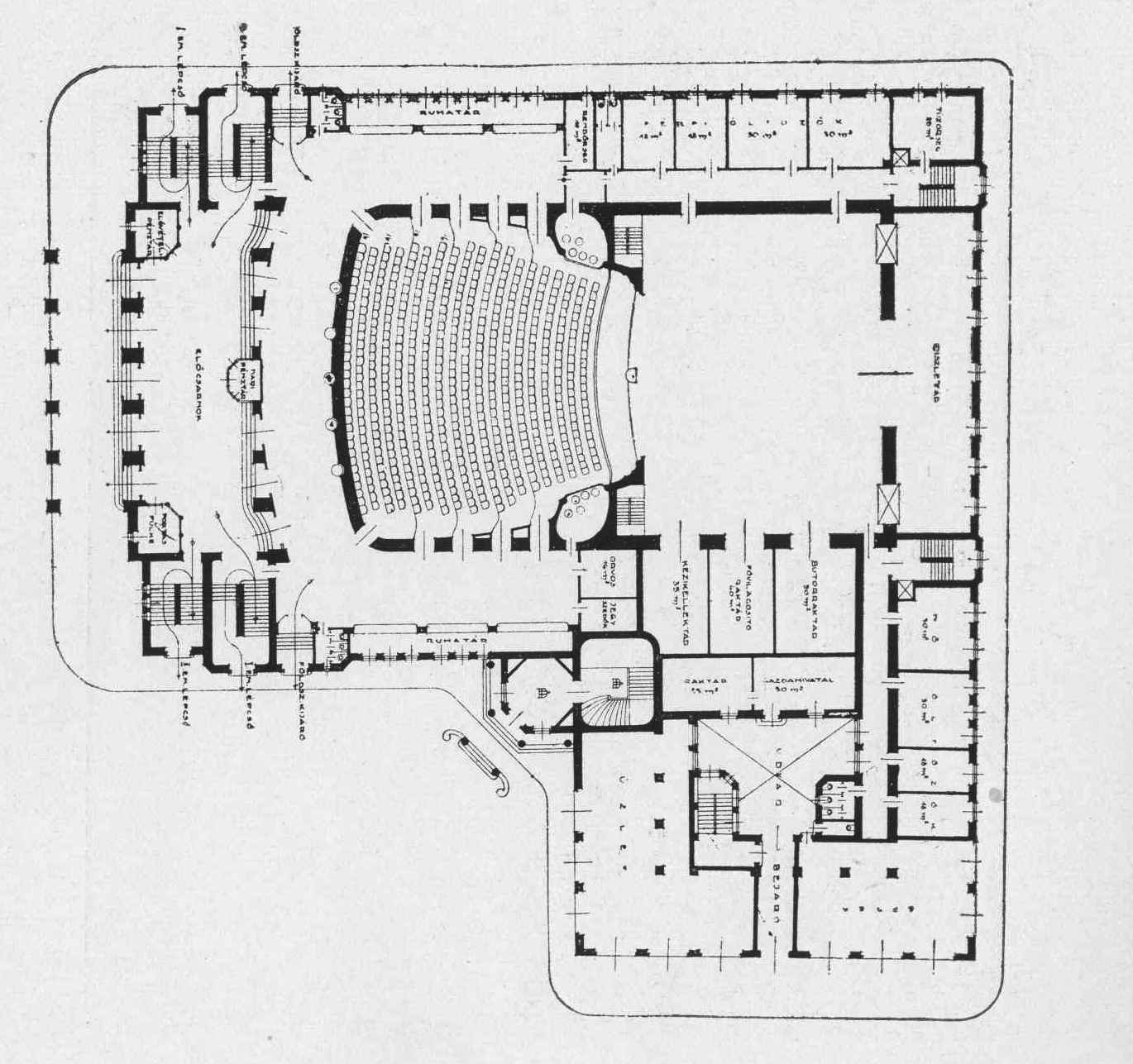 First architectural competition, entry by Fábián Wannenmacher, ground floor plan, 1912. 35_Magyar Építőművészet, 1913. 2. sz. 09