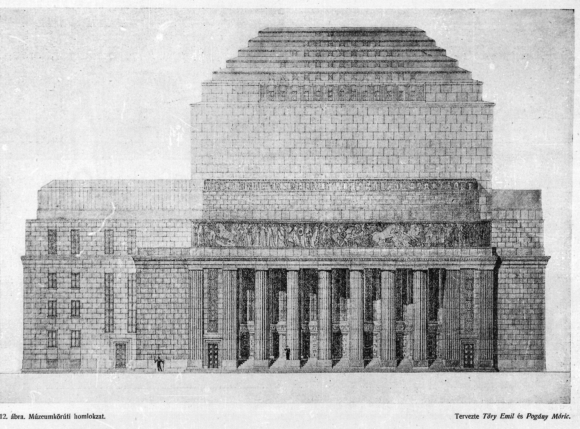 Second architectural competition, entry by Tőry & Pogány, main elevation, 1913. 401_Építő Ipar, 1913. VI. 1.