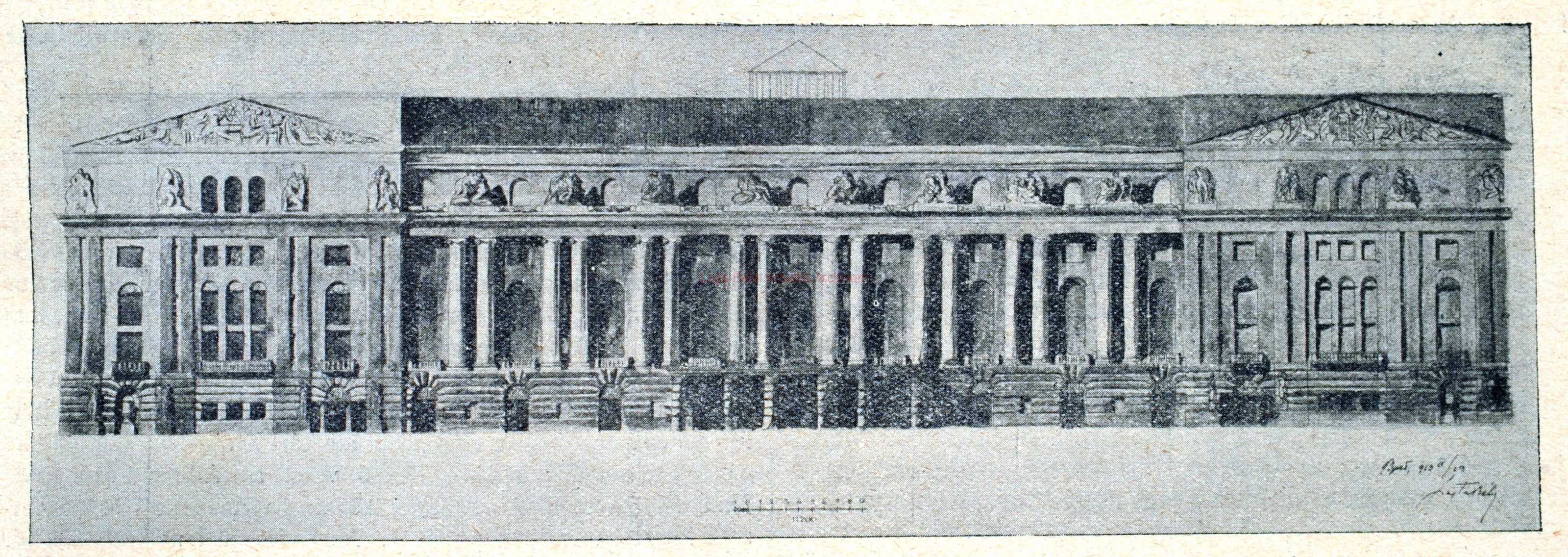 Second architectural competition, version with diagonal disposition, main elevation, 1913. 44_Építő Ipar, 1913. 243. p.