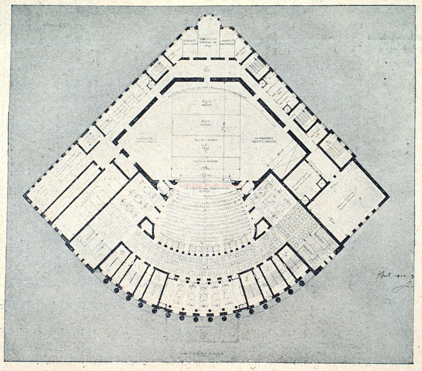 Second architectural competition, version with diagonal disposition, ground floor plan, 1913. 43_Építő Ipar, 1913. 244. p.