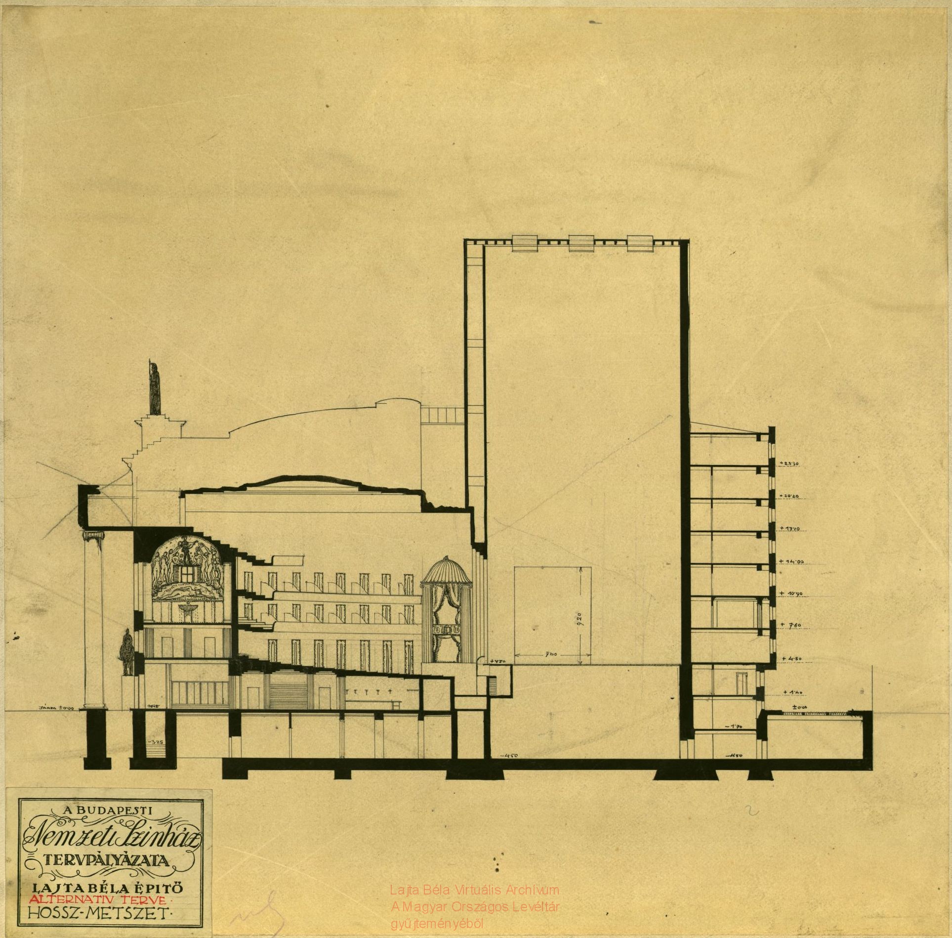 First architectural competition, alternative version, longitudinal section, 15.11.1912. (IV. prize) 30a_Magyar Országos Levéltár, T 13 12/18