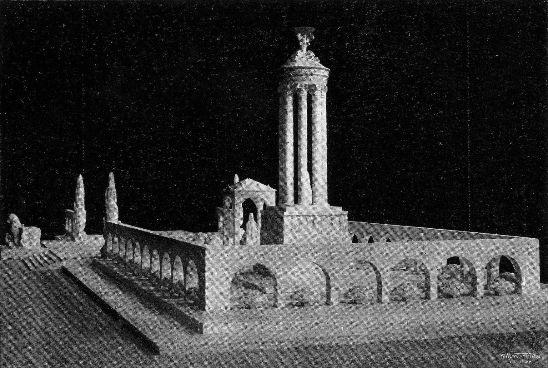 Third prize winning entry by Béla Málnai - Aladár Gárdos, destined for the City Park, photo of the model. Magyar Iparművészet, 1916. 6. sz. 250. p.