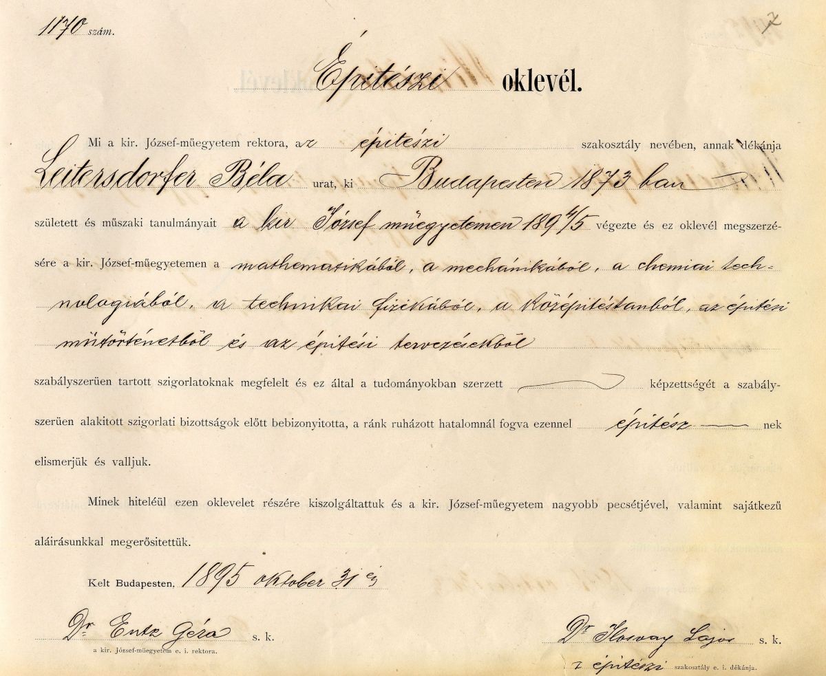 Leitersdorfer Béla építészi oklevele, 1895.
M. kir. József Műegyetem, Oklevél törzskönyv 04_BME_Leveltar_1_1972_1170_1895_okl