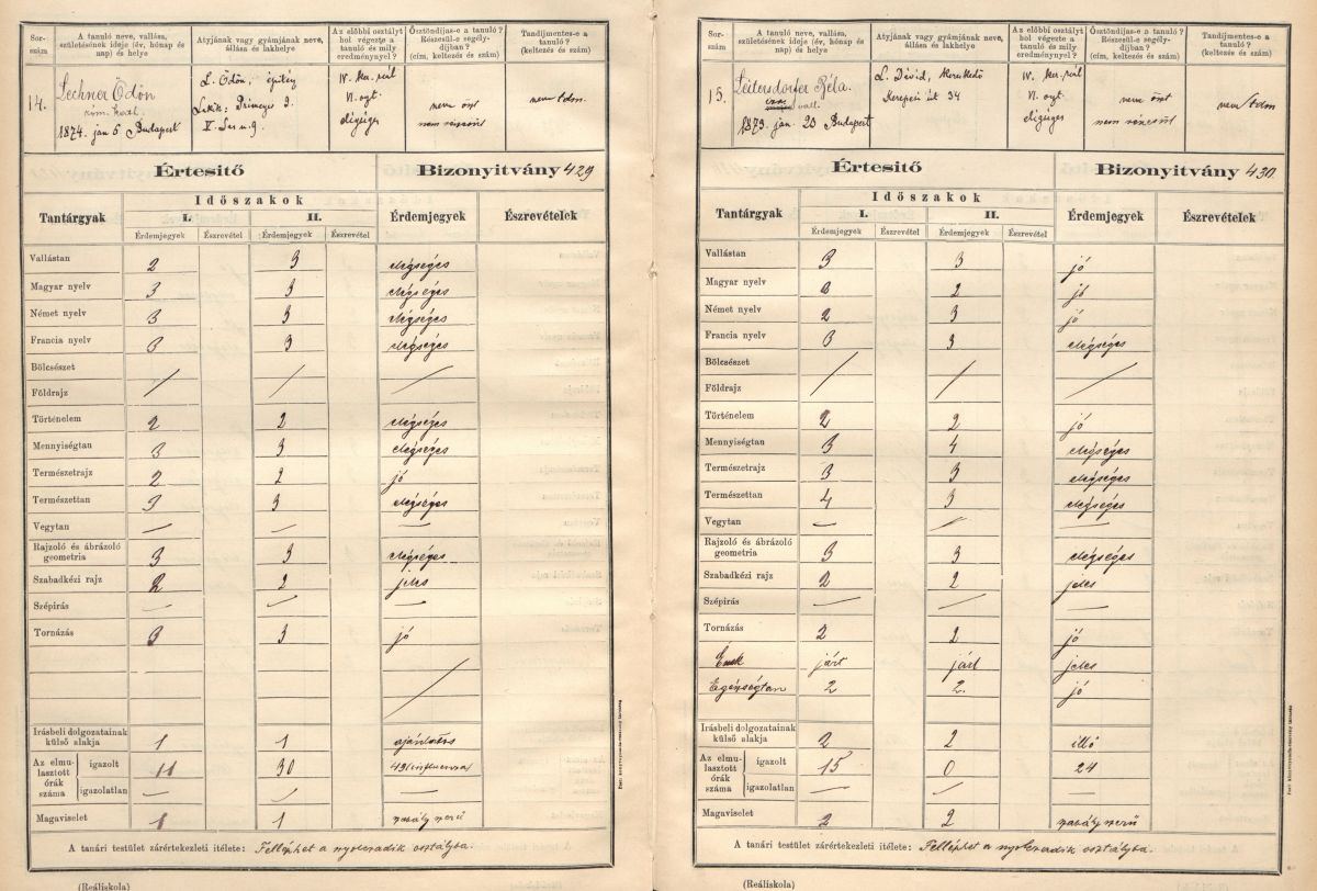 ifj. Lechner Ödön és Leitersdorfer Béla érdemjegyei a VII. osztályban
Budapesti IV. kerületi Főreáliskola, 1889/90. évi osztályanyakönyv 01_BFL_VIII_32-b_46_001