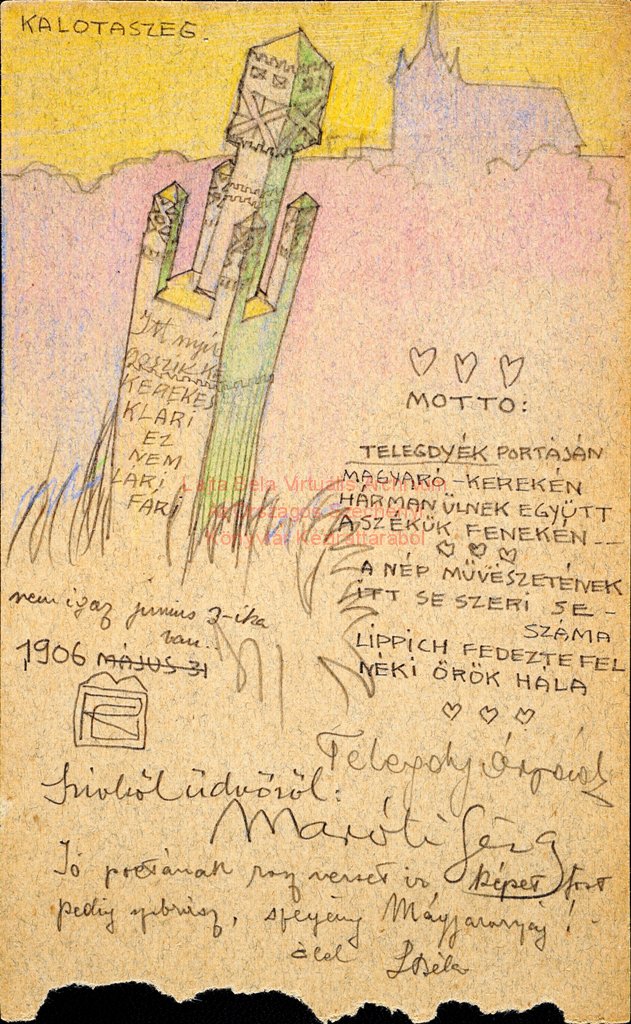 Telegdy Árpád, Maróti Géza és Lajta Béla üdvözlőlapja Koronghi Lippich Eleknek, Magyarókereke, 1906. VI. 2. Országos Széchényi Könyvtár, Kézirattár, Levelestár